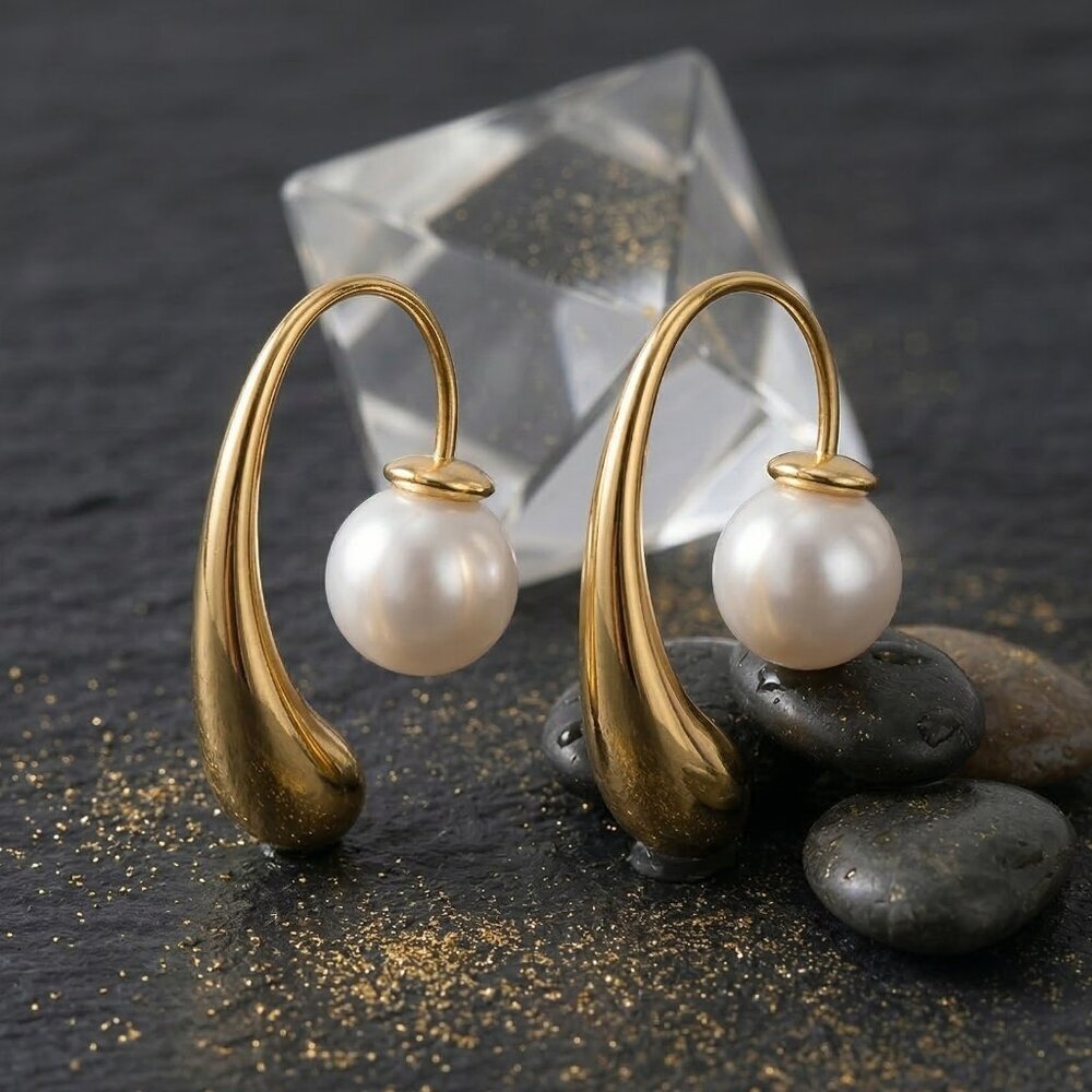 18K Gold Plated Stainless Steel Faux Pearl Reversible Ear Jacket Drop Earrings
